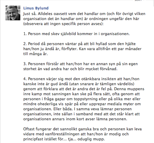 Jimmie Åkessons pressekreterare, Linus Bylund, har idag skrivit på sin Facebook om rutinerna kring när en person lämnar en organisation. 